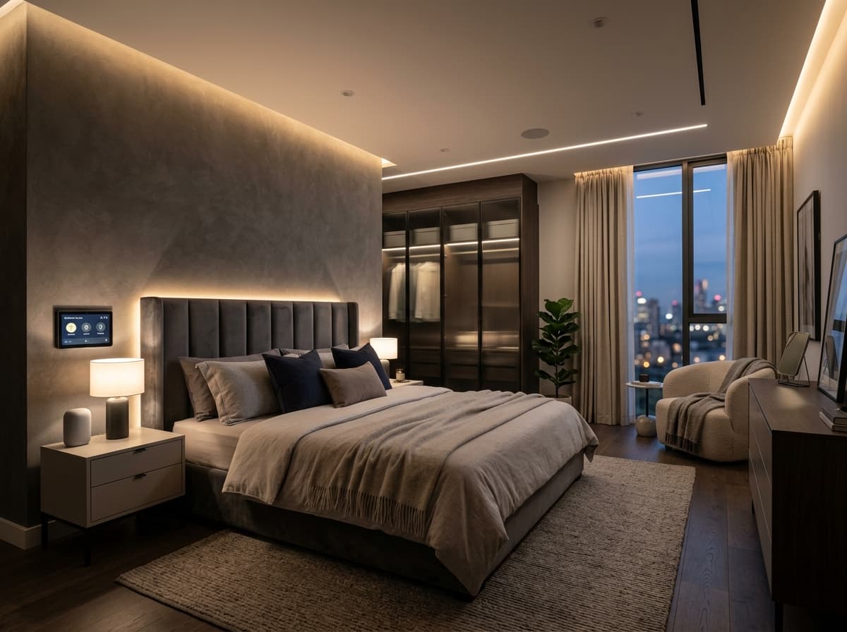 Slaapkamer met ambient smart lighting en geintegreerde automatisering