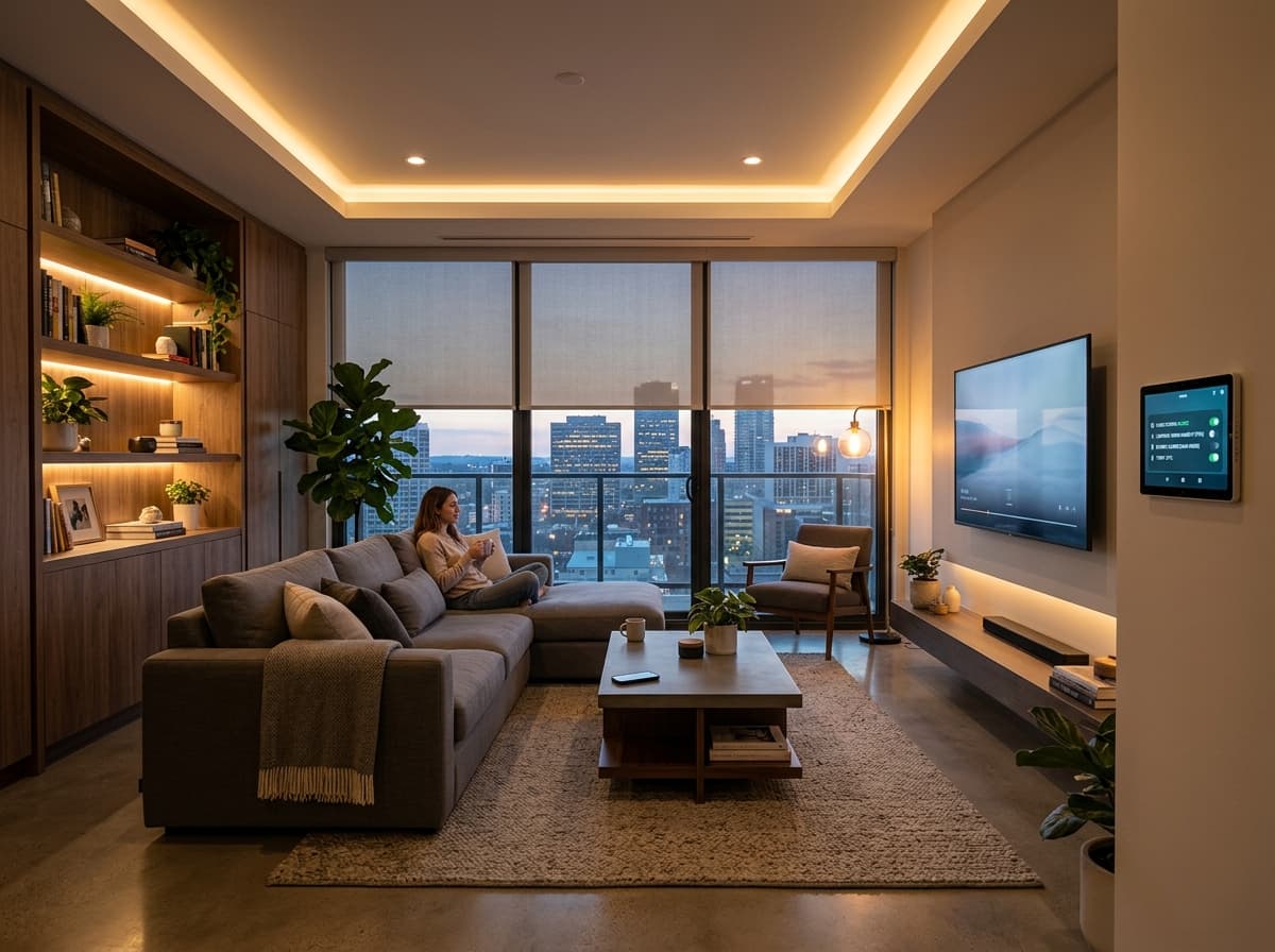 Luxe woonkamer met volledige smart home automatisering